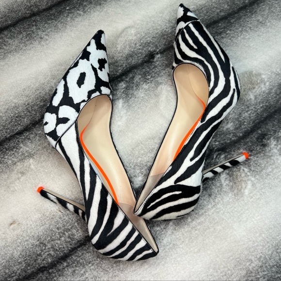 Jimmy Choo Love 100 Neon Orange Asymmetric Animal Print Pony Mix Heels